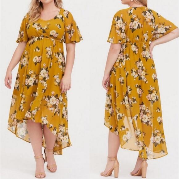 NWT Torrid Maxi Chiffon Dress in Floral Green Yellow Size 1X High Low Hem Flowy - Picture 1 of 13
